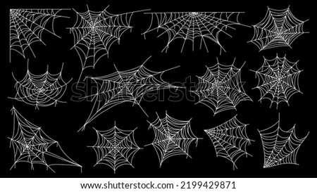 Cobweb. Halloween spider web horror gothic silhouettes for decoration, spooky net with tangled hanging insects. Vector isolated collection. Scary hanging trap for holiday frame isolated on black Royalty-Free Stock Photo #2199429871