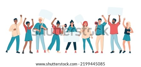 Group of diverse people protesting with placard, banner, megaphone. Angry men and women on picket or strike. Activists, peaceful rights demonstration, manifestation. Isolated flat vector illustration Royalty-Free Stock Photo #2199445085