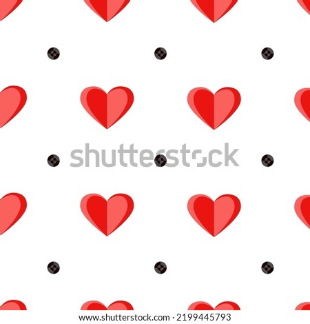 Red hearts and black dots vector seamless pattern. Romantic ornament for girl dress fabric print. Endless girlish pattern with hearts and polka dots. Minimal Valentine's Day background design.