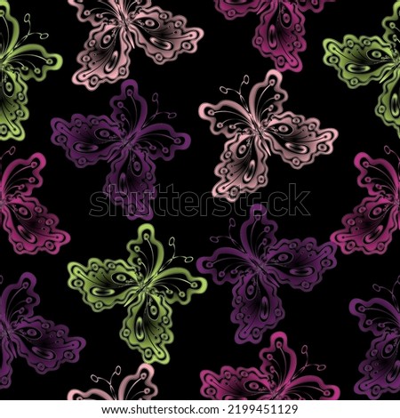 seamless black background with gold butterfly Suitable for curtains, wallpaper, fabrics, wrapping paper.