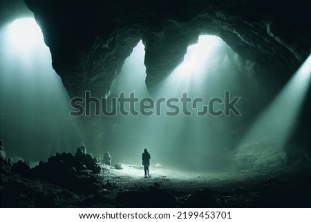 inside of a cave light comming from sky.