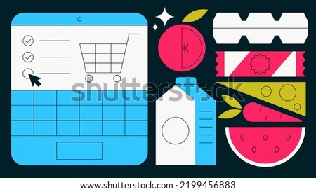Buying groceries online flat vector illustration. Laptop with online supermarket interface, apple, milk, box of eggs, cheese, carrot and watermelon. Shopping concept. Simple colourful cartoon design.