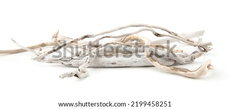  Sea driftwood branches isolated on white background. Bleached dry aged drift wood.  Royalty-Free Stock Photo #2199458251
