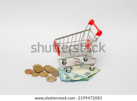 Miniature shopping cart and euro currency isolated on white. Business, finance, web shopping concept image with white background, copyspace.