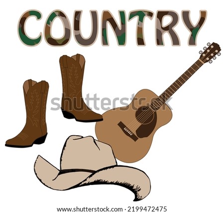 Country music design, illustration. Guitar, Cowboy boots, and western hat. JPEG File.
