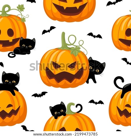 Halloween seamless pattern with pumpkin, black cats and bats. Holiday happy design. Vector illustration.