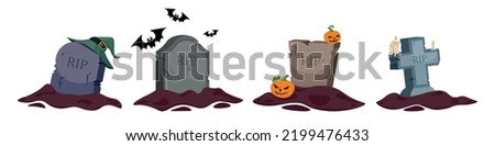Set of old graves in cartoon style. Vector illustration of scary coffins for halloween with magic hat, bats, pumpkins and candles on white background. Royalty-Free Stock Photo #2199476433
