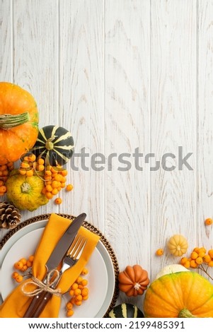 Thanksgiving day concept. Top view vertical photo of plate knife fork napkin raw vegetables pumpkins pattypans pine cone and rowan berries on isolated white wooden table background