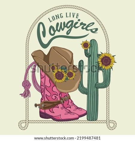 cowgirl boots and western hat. Cactus with Sunflower Sunset .T-shirt or poster design of Long Live Cowgirls. Cowgirl boots with western Hat and rope. Royalty-Free Stock Photo #2199487481