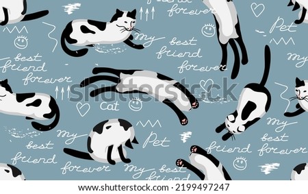 Funny cartoon cat in different poses and lettering seamless pattern in blue,white and black colors.Typographic style  background  for printing on fabric and paper.Vector hand drawn illustration.