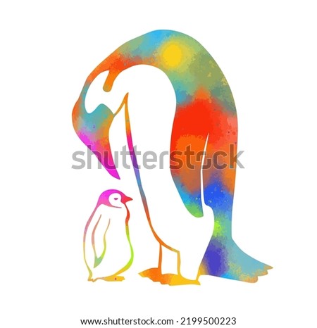 Penguin colorful father and baby. blue Vector illustration