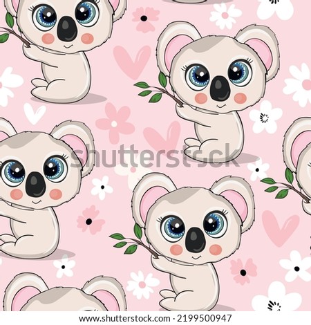 Seamless pattern with cute koala baby on color background. Funny australian animals. Card, postcards for kids. Flat vector illustration for fabric, textile, wallpaper, poster, paper.