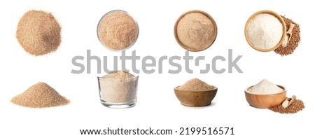Set with buckwheat flour on white background. Banner design Royalty-Free Stock Photo #2199516571