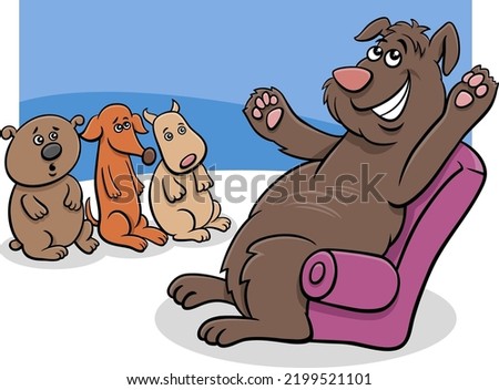 Cartoon illustration of funny dog animal character telling a story to puppies