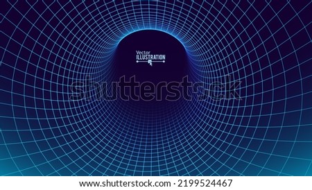 Blue Digital Tunnel or Wormhole. Wireframe Abstract Mesh with Hole. 3D Tunnel Grid Mesh. Blue Hi Tech Texture. Technology or Science Vector Illustation. Royalty-Free Stock Photo #2199524467