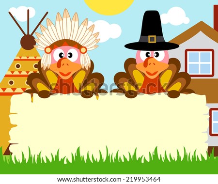 Thanksgiving day background with turkey indian and turkey pilgrim ,vector