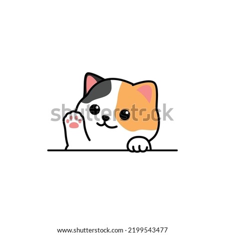 Cute calico cat waving paw cartoon, vector illustration
