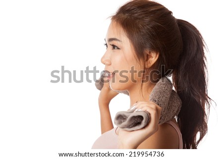 Asian skinny girl exercise hold towel  isolated on white background