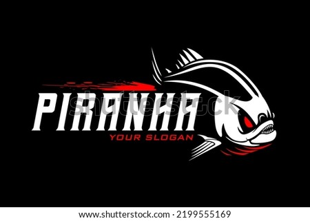 Piranha fish fishing logo on black dark background. modern vintage rustic logo design. great to use as your any fishing company logo
