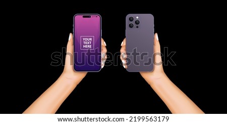 Man or woman realistic hand holding purple mobile phone. Realistic smartphone with dark purple colours. Advertisement template design concept with smartphone isolated on black background. Vector.