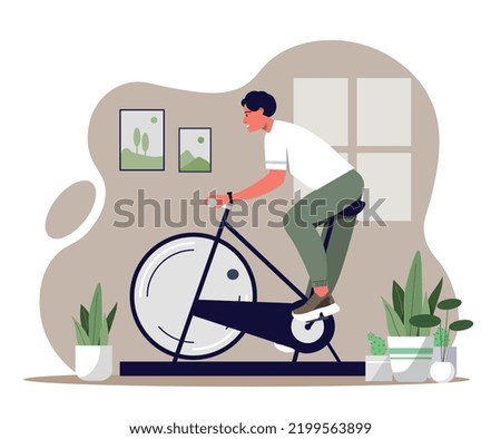 Man with exercise bike. Home cardio training, weight loss and fat burning. Intense fitness indoor. Healthy and active lifestyle, sports. Athlete and sportsman. Cartoon flat vector illustration Royalty-Free Stock Photo #2199563899