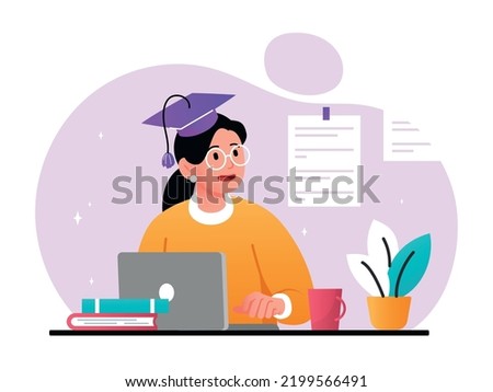 Studying online concept. Young girl in graduate cap sits at laptop. Training and education. Hardworking female student doing homework, preparing for test or exam. Cartoon flat vector illustration Royalty-Free Stock Photo #2199566491