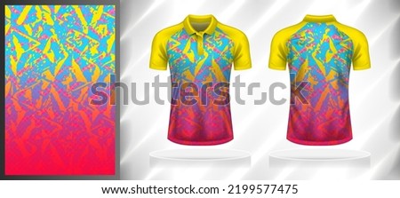 Vector sport pattern design template for Polo T-shirt front and back with short sleeve view mockup. Shades of yellow-blue-pink color gradient abstract texture background illustration.