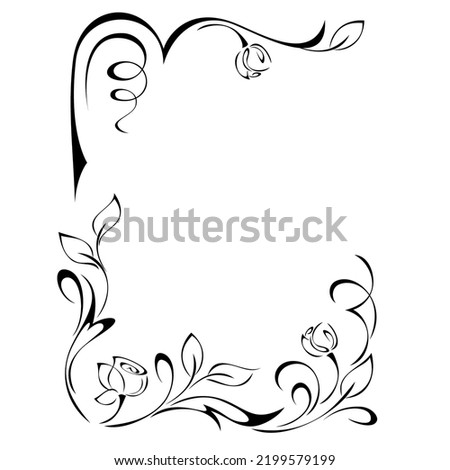 decorative rectangular frame with stylized rosebuds with leaves and vignettes in black lines on a white background Royalty-Free Stock Photo #2199579199
