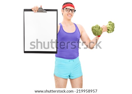 Nerdy athlete holding a clipboard and broccoli dumbbell isolated on white background