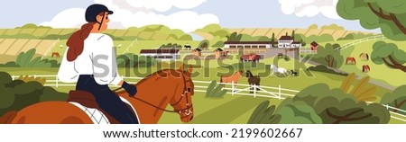 Horse farm outdoors landscape. Equine field, ranch scenery panorama with stallions, stalls, stables, grass pasture in nature. Equestrian rider and stud panoramic view. Flat vector illustration