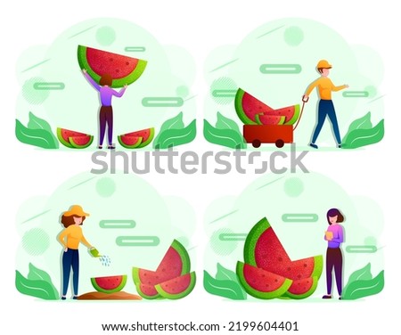 Set of young farmer female do farming with modern technology on laptop computer and and selling produce through mobile applications on smartphone in cartoon character, vector illustration