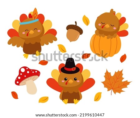 Cute turkey character for thanksgiving day set. Flat vector cartoon design