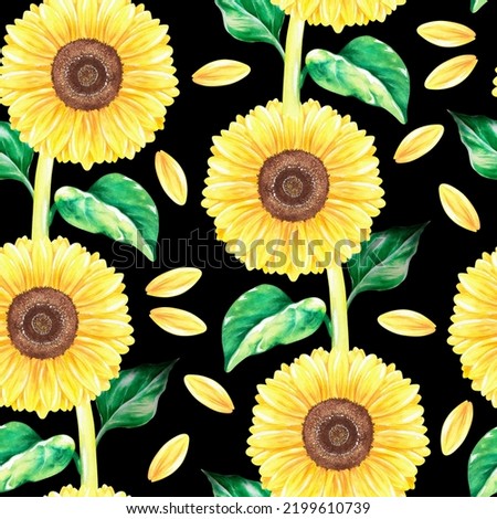 Sunflowers seamless pattern. Watercolor illustration. Isolated on a black background. For design of kitchen accessories, wrapper, wallpaper, stationery, notebooks, fabrics.