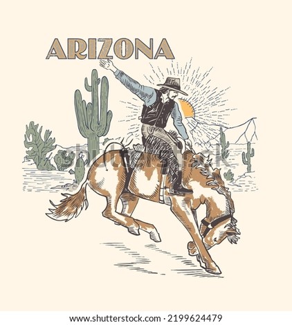 Arizona.Rodeo cowboy riding wild horse on a wooden sign, vector.