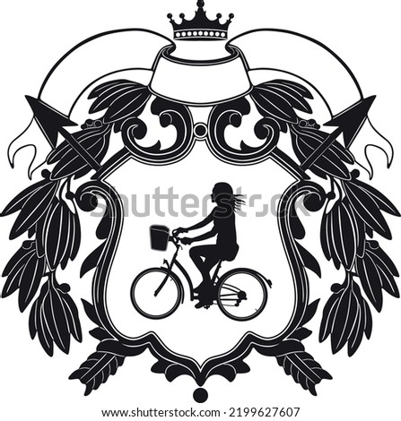 Girl with bicycle and vintafe frame label handmade vector