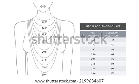 Chain and Necklace Length Size Guide with a silhouette of a woman. How to measure your necklace. sellers and buyers guide.  jewelry shop business presentation and advertisement, designer.