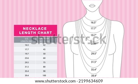 Necklace size chart with a silhouette of a woman. How to measure your necklace. sellers and buyers guide.  jewelry shop business presentation and advertisement, designer.