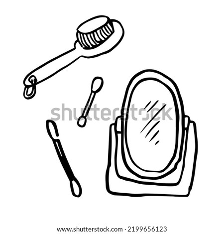 Cartoon bathroom accessories vector icons black on white background. Mirror, ear sticks, cotton swab vector and brush