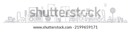 Vector illustration of different appliance on white background. Black line art style appliance collection design for web, site, banner, print, poster Royalty-Free Stock Photo #2199659171