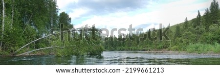 Geography. Middle Siberia (south part). Panorama of powerful rivers and taiga forests, summer, Typical coniform hill oreography (bald peak). - absence of people and virginal natural area Royalty-Free Stock Photo #2199661213