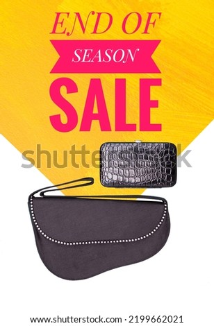 End of season sale banner with design black purse on yellow background, beauty and fashion concept