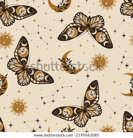 Magic celestial seamless pattern with constellations. Boho magic background with space elements stars, butterflies. Vector doodle texture. Royalty-Free Stock Photo #2199662085