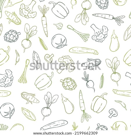 Lovely hand drawn vegetables seamless pattern, doodle veggies, great for textiles, wrapping, packaging - vector design Royalty-Free Stock Photo #2199662309