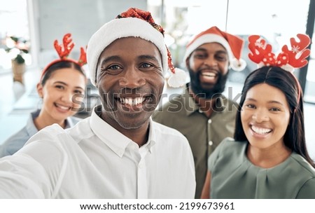 Office team selfie, Christmas party and celebration with a smile. Diversity, hard workers and happy business people celebrating together after success, good finance or financial year at the company.