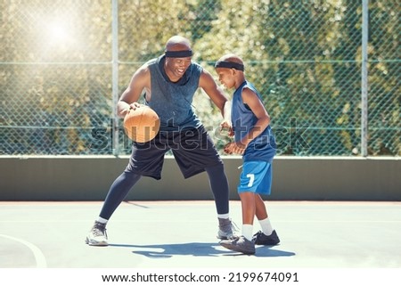 Basketball, family and teaching sport with a dad and son training on a court outside for leisure fitness and fun. Black man and kid doing exercise and workout playing a game for health and recreation
