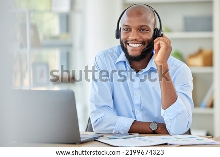 Black sales man, call center agent and customer service support advice, consulting and talking conversation loan in office. African, young and happy consultant, crm telemarketing and contact us work Royalty-Free Stock Photo #2199674323