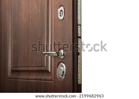 Close up armor open front door on white isolated background. Open security doors to an apartment or office. Art interior concept and style for design, textures and wallpaper. Copy space