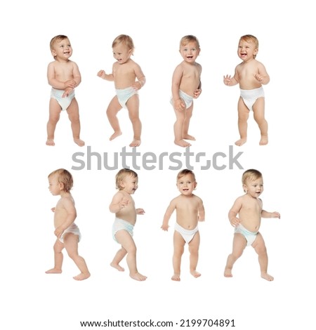 Collage with photos of cute baby learning to walk on white background Royalty-Free Stock Photo #2199704891