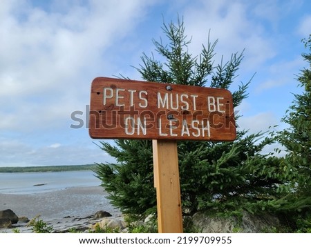 A wooden sign that says pets must be on leash at the edge of a beach.