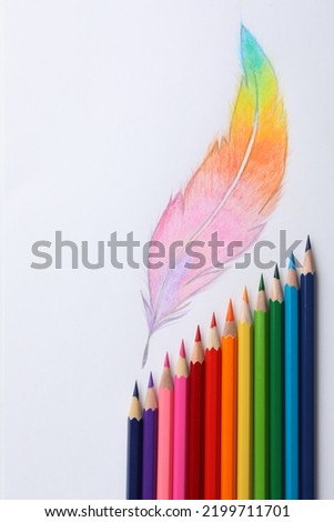Drawing of feather and colorful pencils on white background, top view
